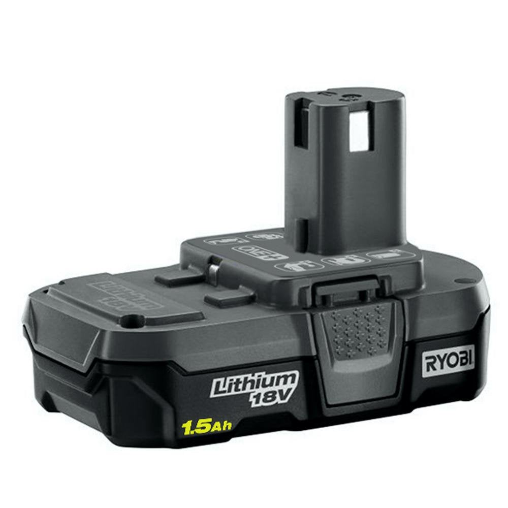 RYOBI 18V ONE+ 1.5Ah battery front view, compact design and fade-free power.