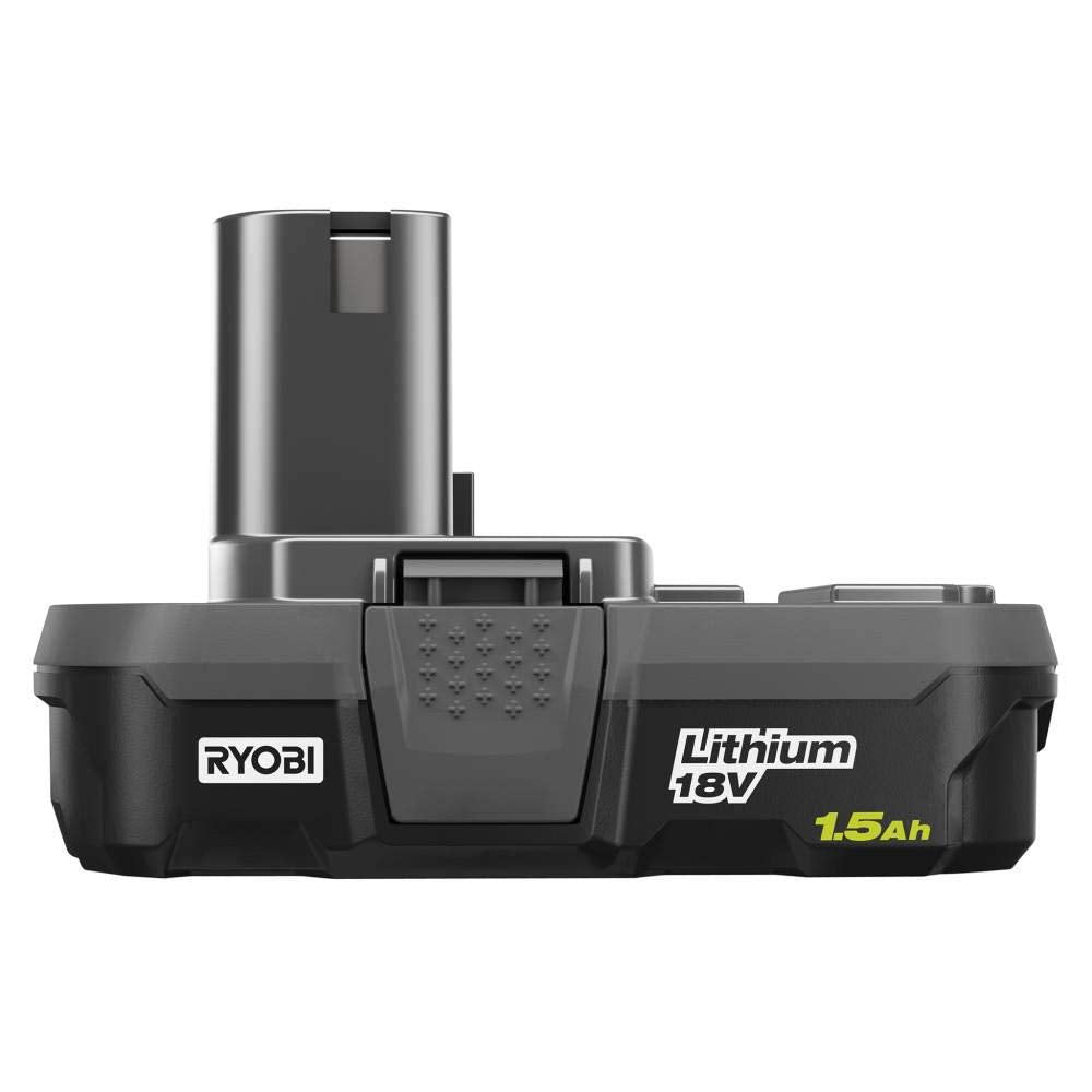 RYOBI 18V ONE+ 1.5Ah battery in use, quick-release latches enable fast swaps.