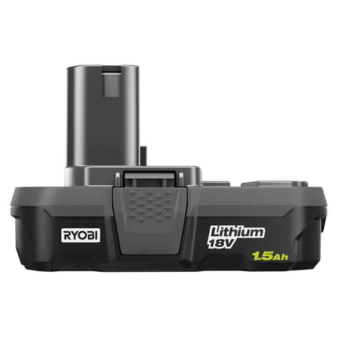 RYOBI 18V ONE+ 1.5Ah battery in use, quick-release latches enable fast swaps.
