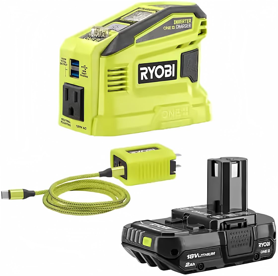 RYOBI 18V ONE+ 150W Power Source front view showing portable charging on the jobsite