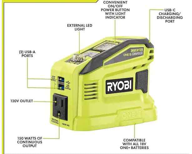 RYOBI 18V ONE+ 150W Power Source setup with USB-C charging for on-the-go devices