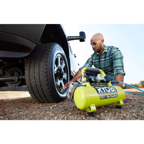 RYOBI 18V ONE+ 1-Gallon air compressor compatible with other tools in the ONE+ system.