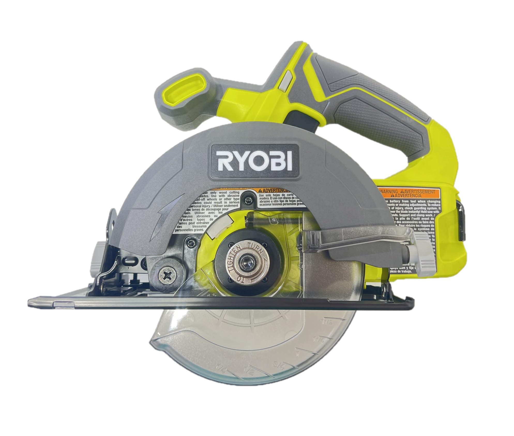 Ryobi 18V ONE+ circular saw front view showing portable cordless design.
