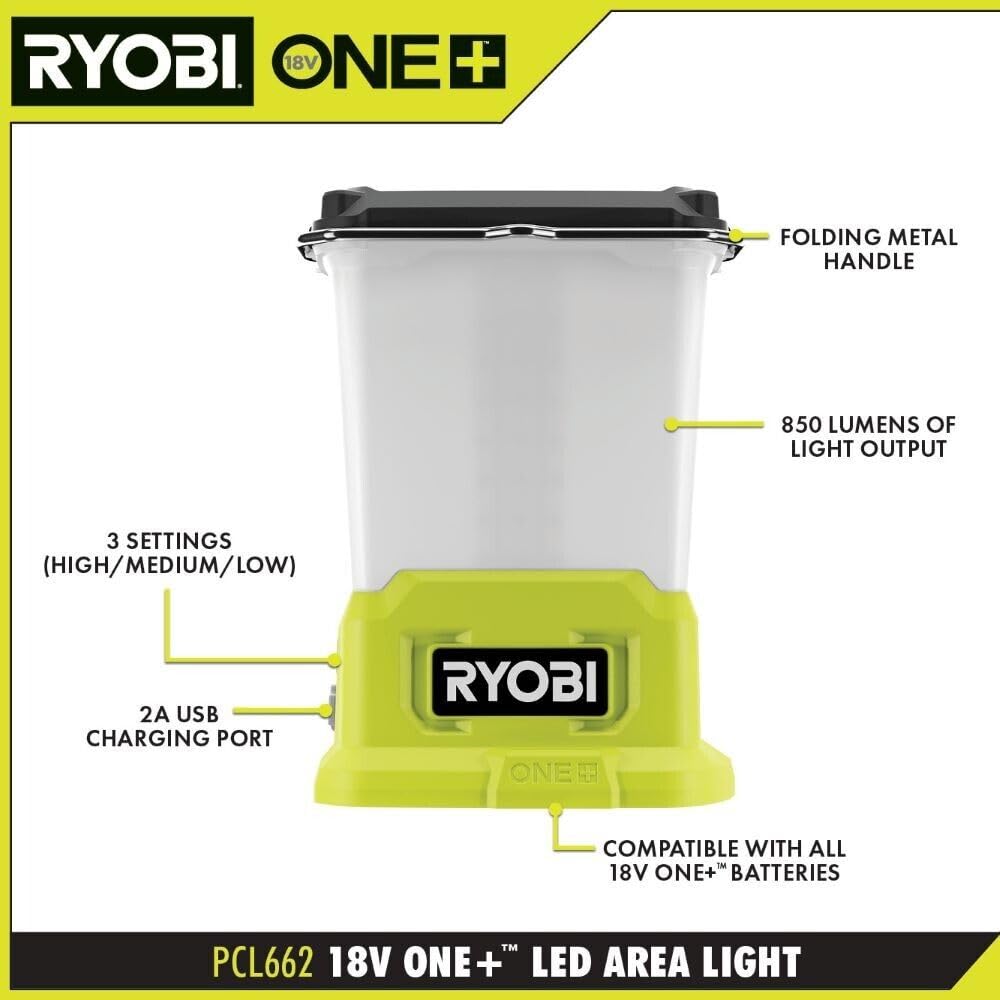 RYOBI 18V ONE+ LED Area Light USB port powers devices on site.