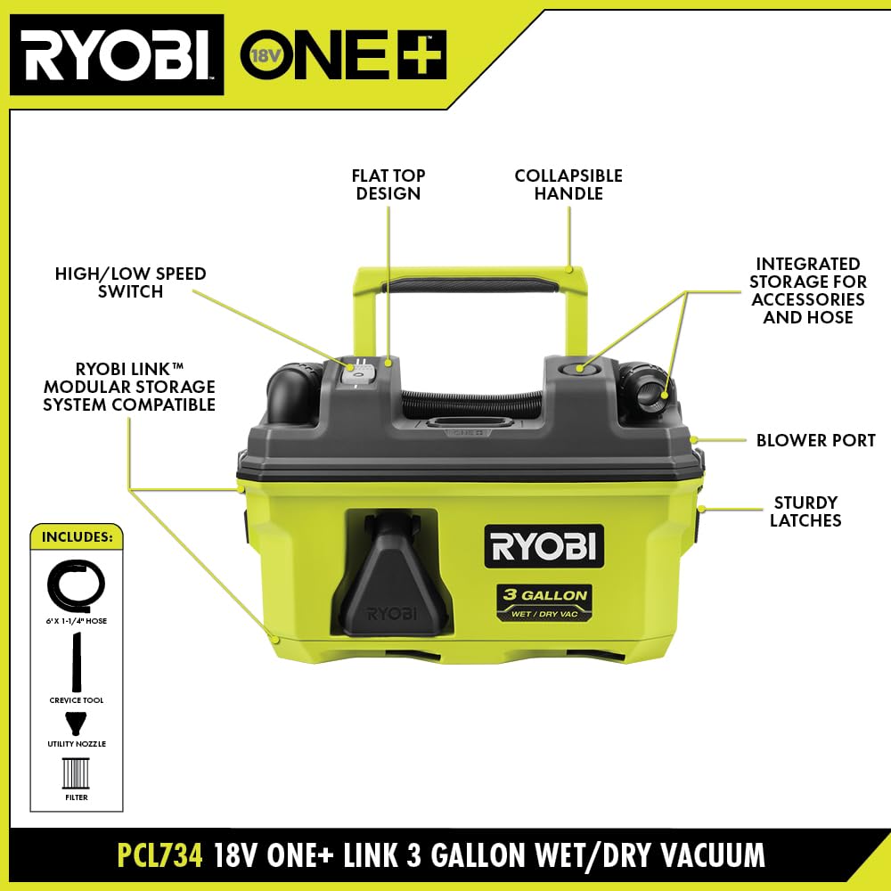 RYOBI 18V ONE+ Link vacuum with hose and crevice-tool storage.