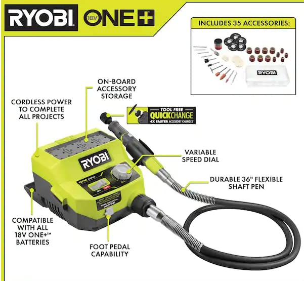 RYOBI 18V Rotary Tool Station onboard accessory storage improves organization.