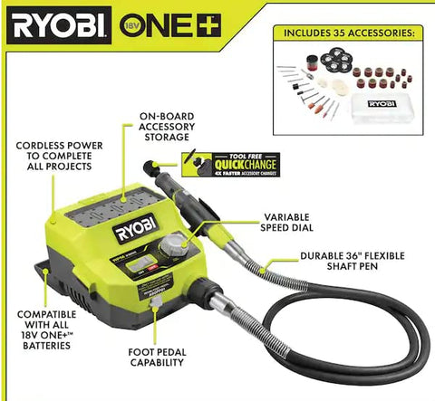 RYOBI 18V Rotary Tool Station onboard accessory storage improves organization.
