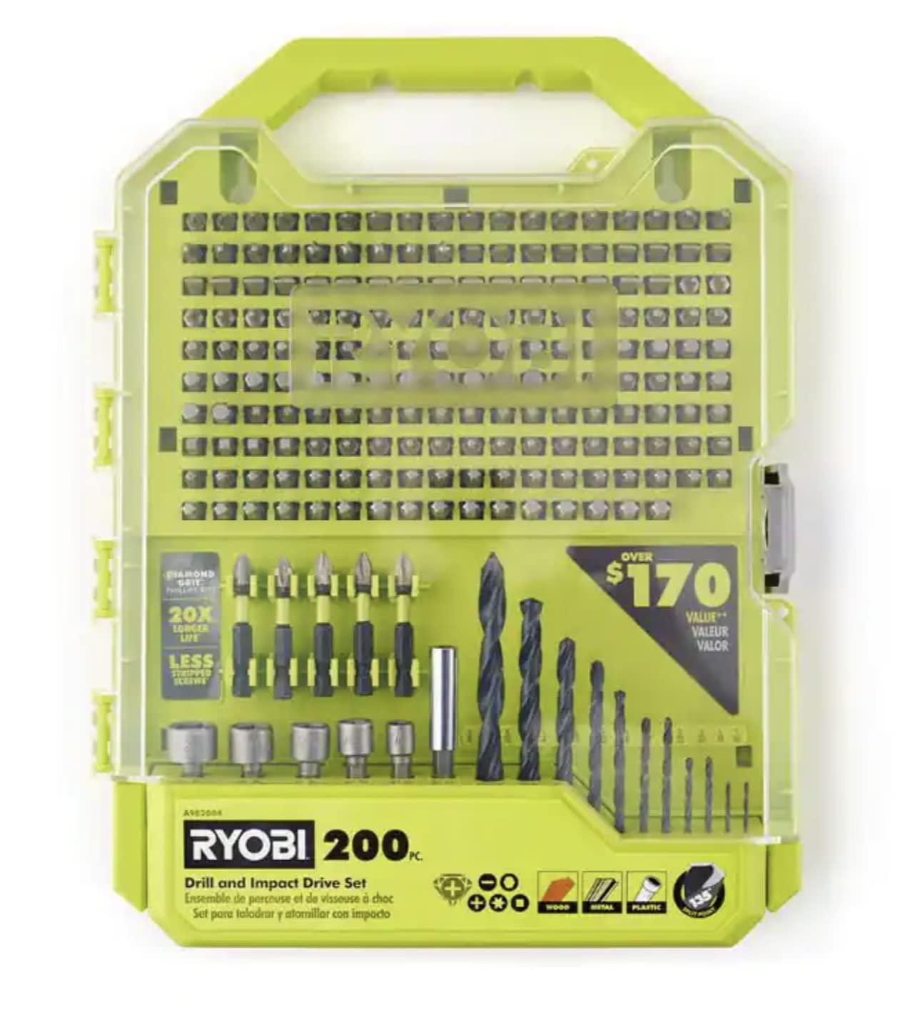 RYOBI 200-piece drill and impact drive set with diverse 1-inch bits for many projects