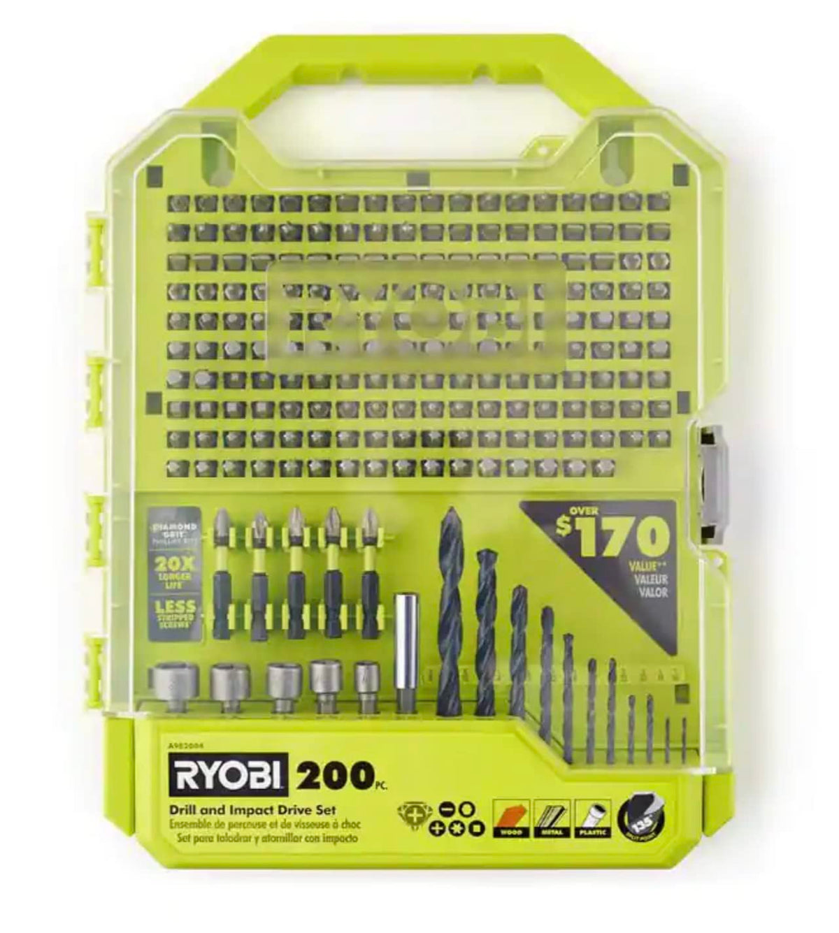 RYOBI 200-piece drill and impact drive set with diverse 1-inch bits for many projects
