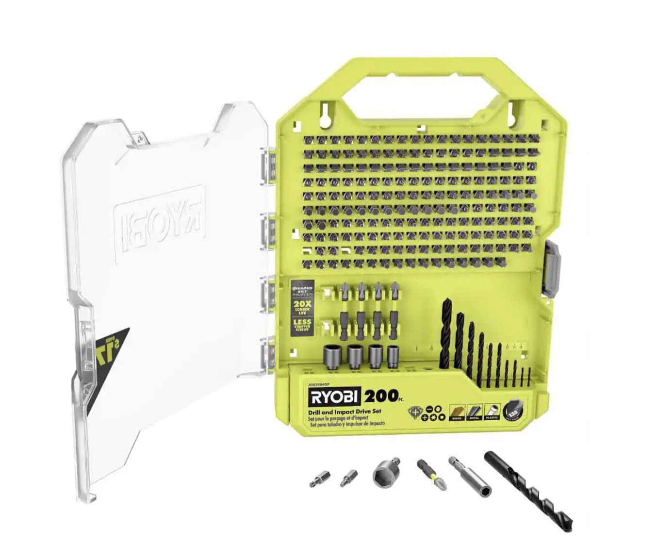RYOBI 200-piece set case insert detail showing kit contents