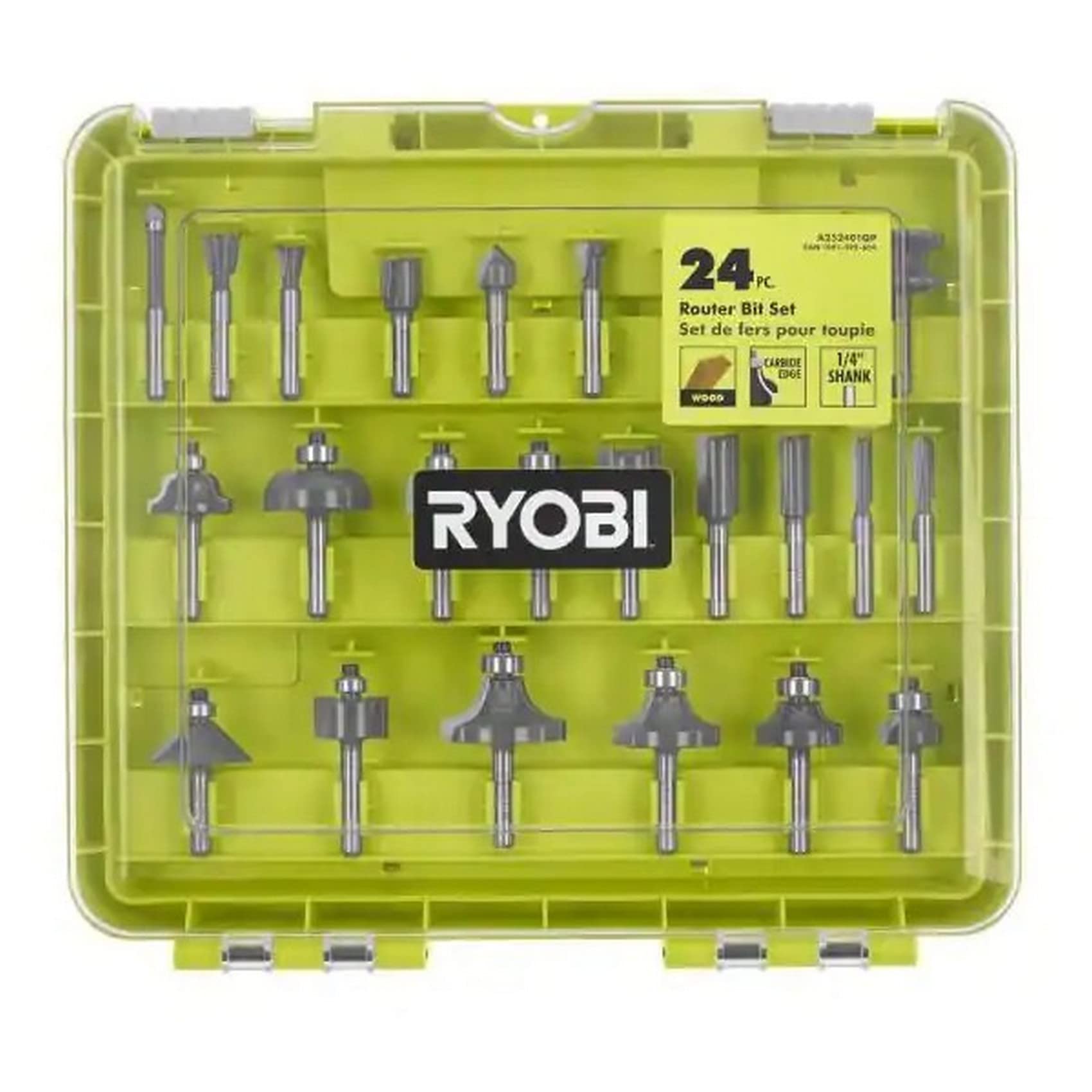 RYOBI 24-piece carbide router bit set in case, ideal for precise wood trimming and edging.