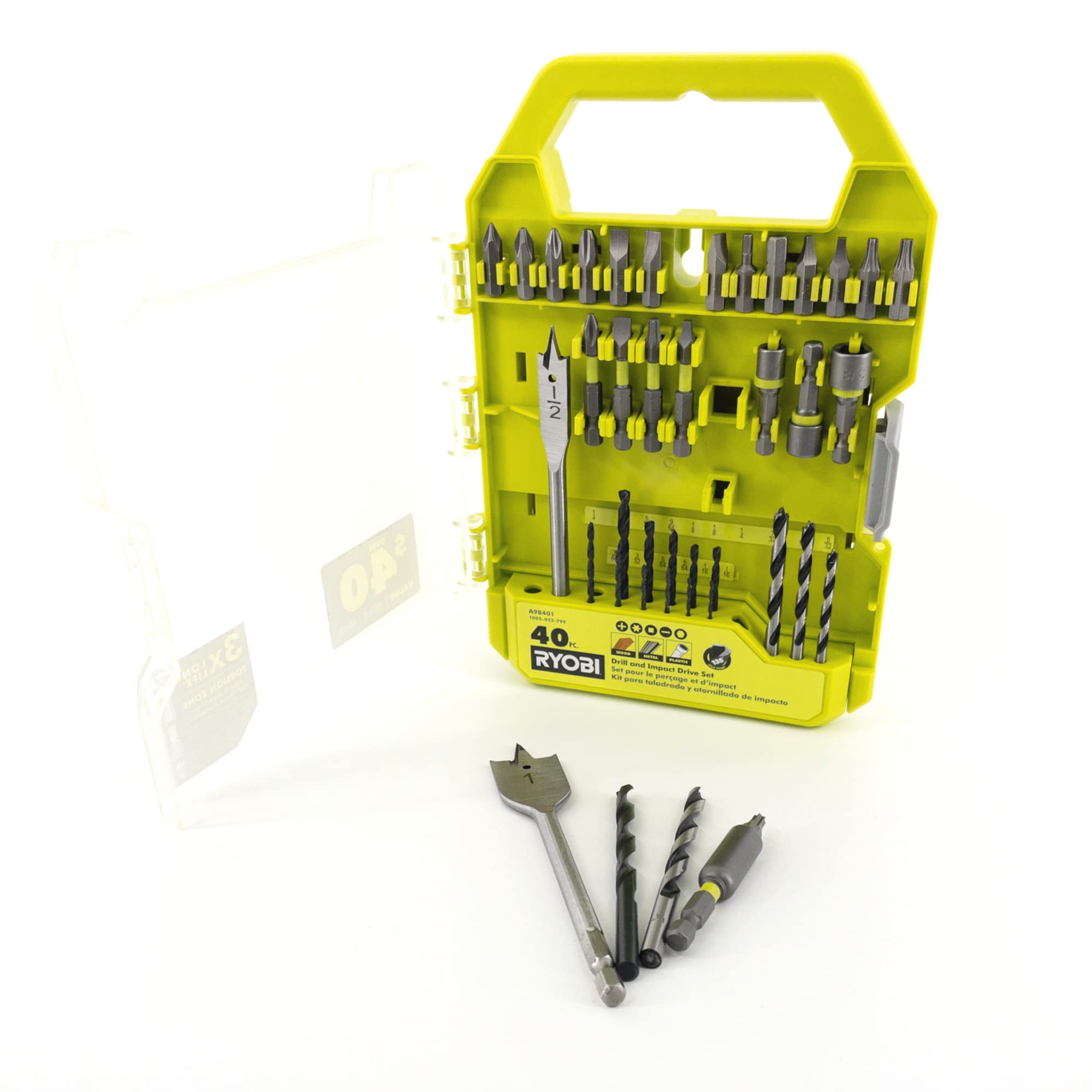 RYOBI 40-piece drill bit set arranged for multipurpose use.
