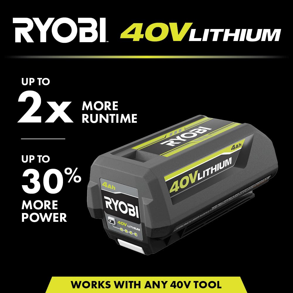 RYOBI 40V battery charging with OP40401 charger for quick, reliable top-ups.