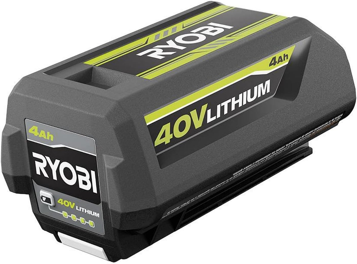 RYOBI 40V 4.0Ah battery front view showing compact design for easy handling.