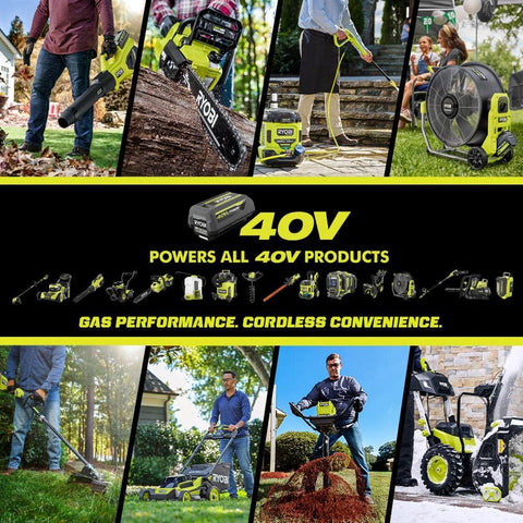 RYOBI 40V 4.0Ah battery shown with clear packaging for quick selection.