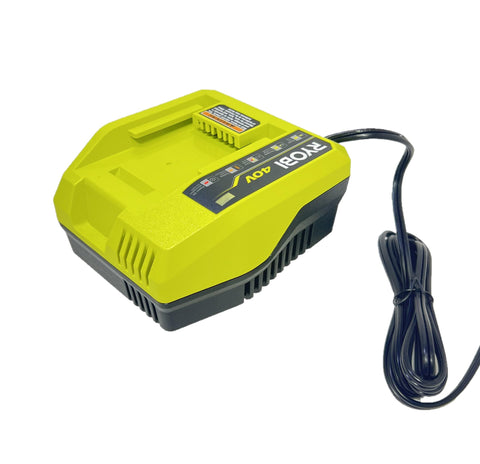 RYOBI 40V fast charger front view showing compact design for quick charging