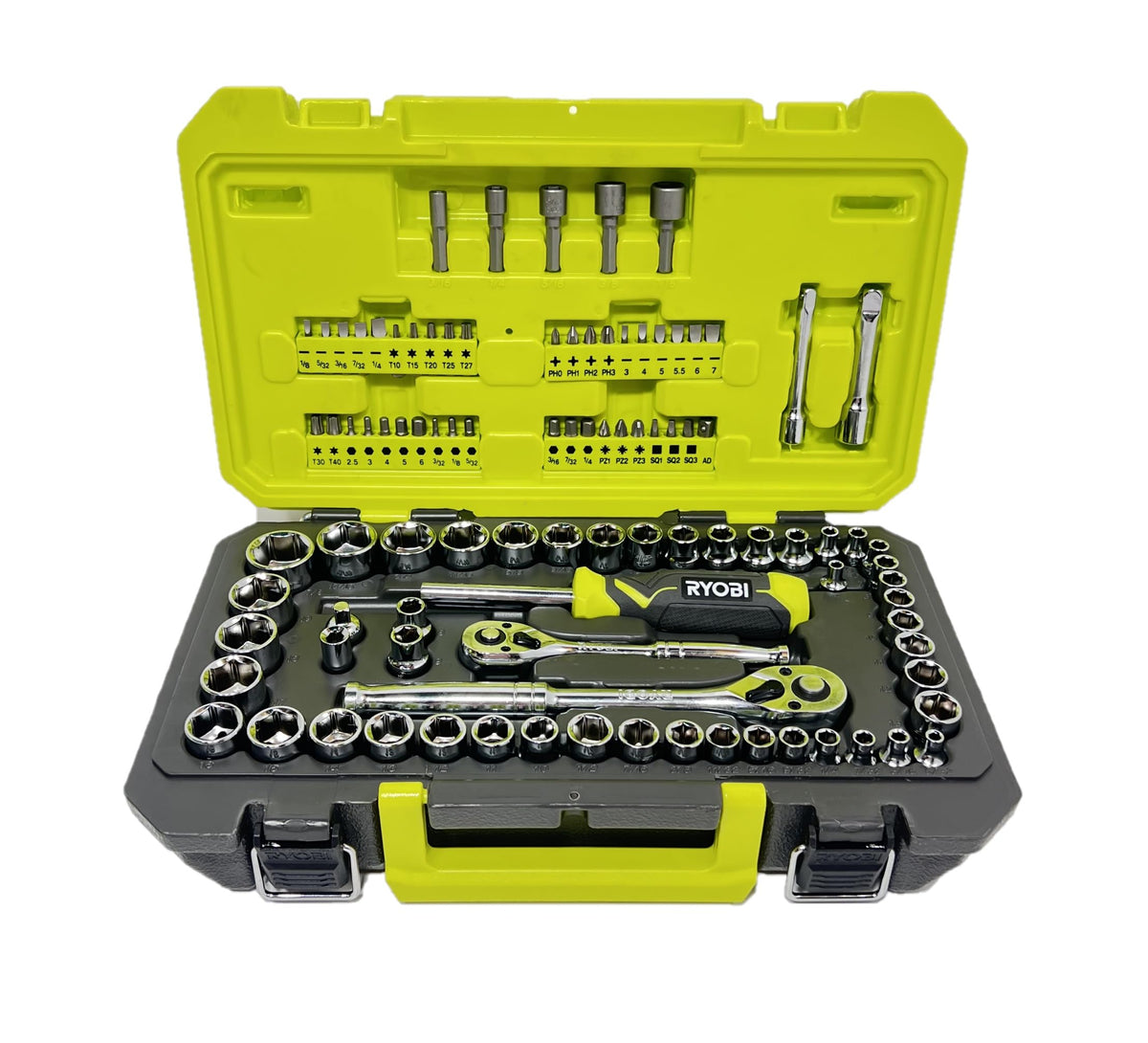 Ryobi 97 pc mechanic tool set case keeps tools organized for quick access and transport.