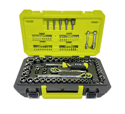 Ryobi 97 pc mechanic tool set case keeps tools organized for quick access and transport.