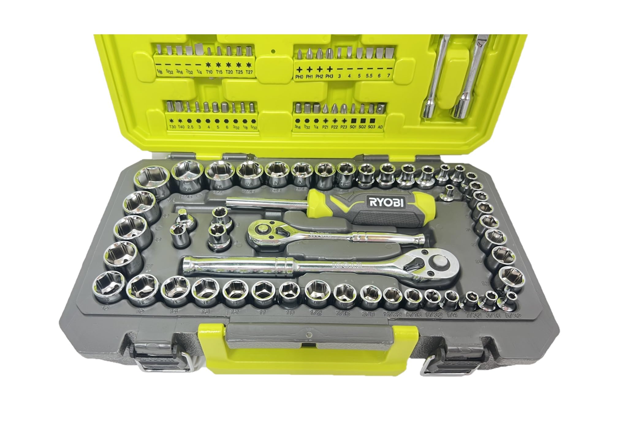 Ryobi 97 pc ratchet demonstrates quick release for smooth tightening in tight spaces.