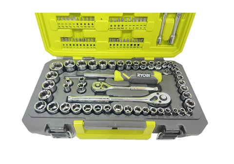 Ryobi 97 pc ratchet demonstrates quick release for smooth tightening in tight spaces.