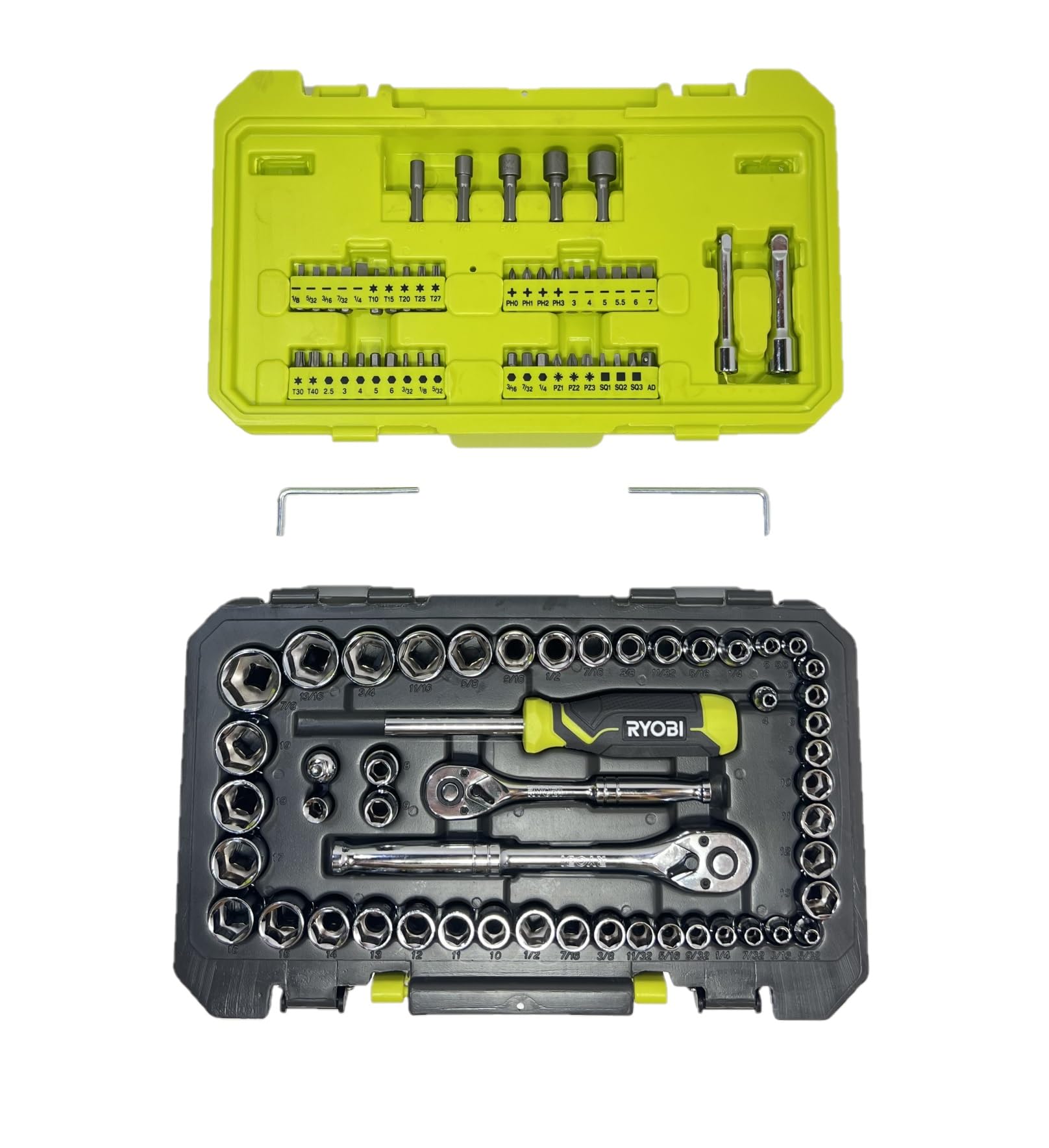 Ryobi 97 pc sockets show 6-point design for high torque and reduced wear.
