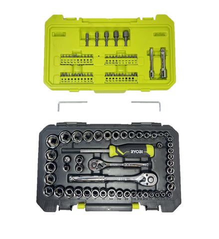 Ryobi 97 pc sockets show 6-point design for high torque and reduced wear.