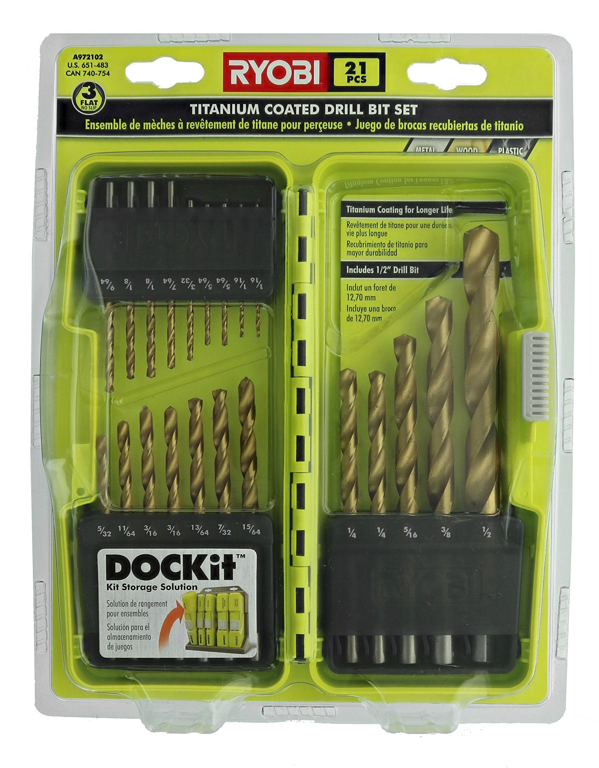 Ryobi A972101 21-piece titanium drill bit set laid out for metal, wood, and plastic applications.