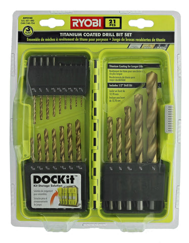 Ryobi A972101 21-piece titanium drill bit set laid out for metal, wood, and plastic applications.