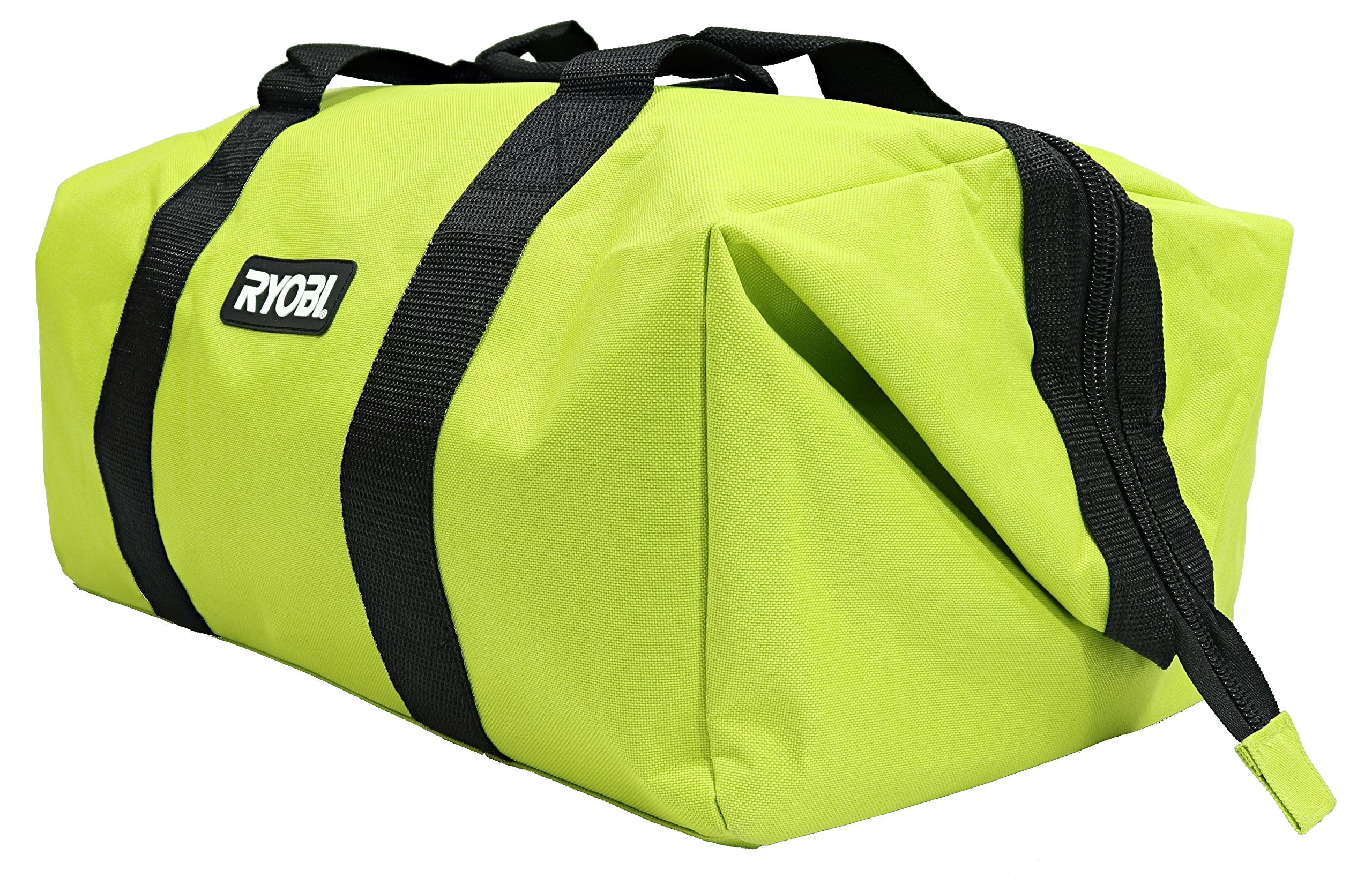 RYOBI green wide-mouth collapsible bag dual-handles in action for convenient transport.