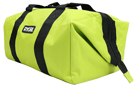 RYOBI green wide-mouth collapsible bag dual-handles in action for convenient transport.