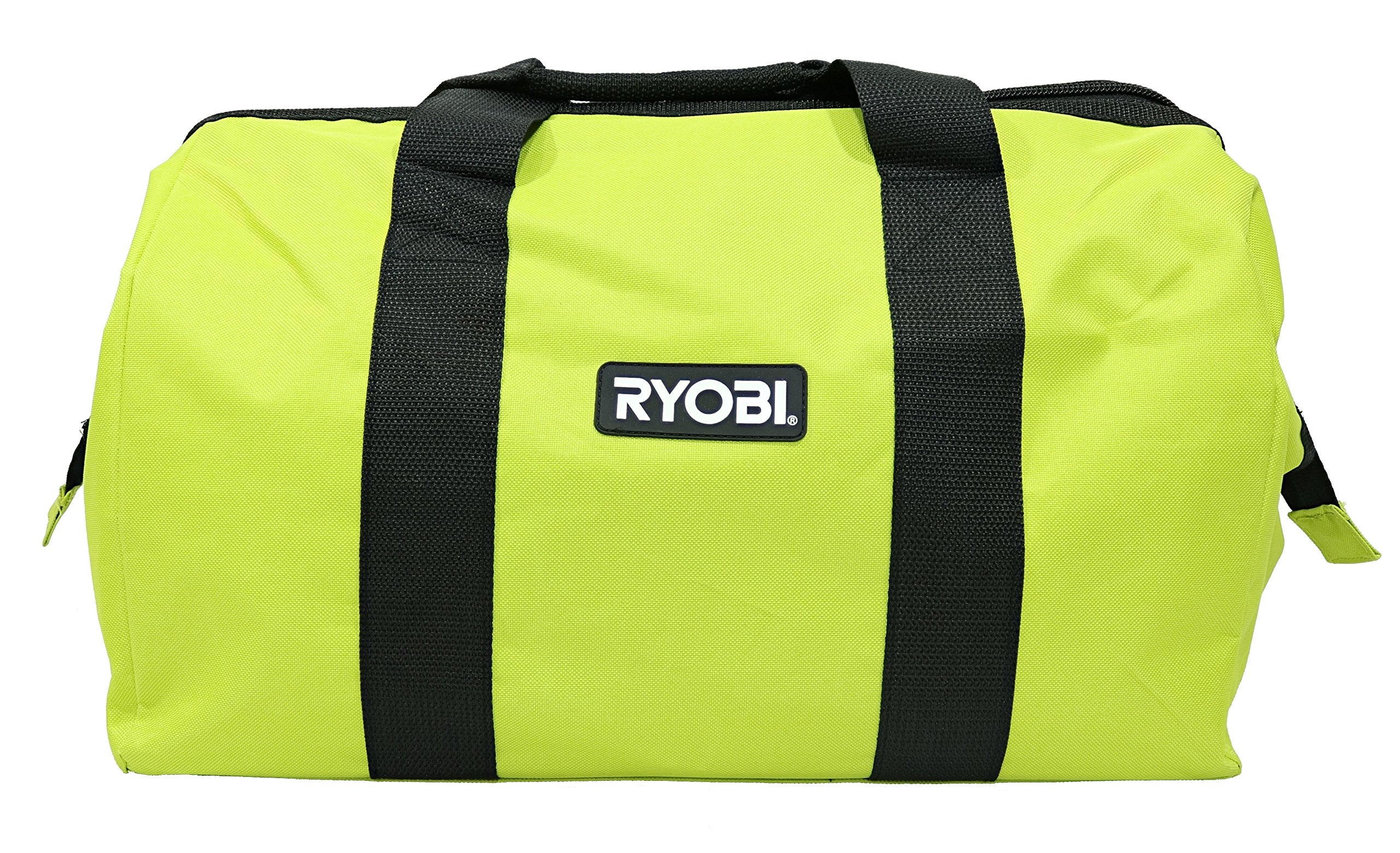 RYOBI green wide-mouth collapsible bag front view with dual handles for easy transport.