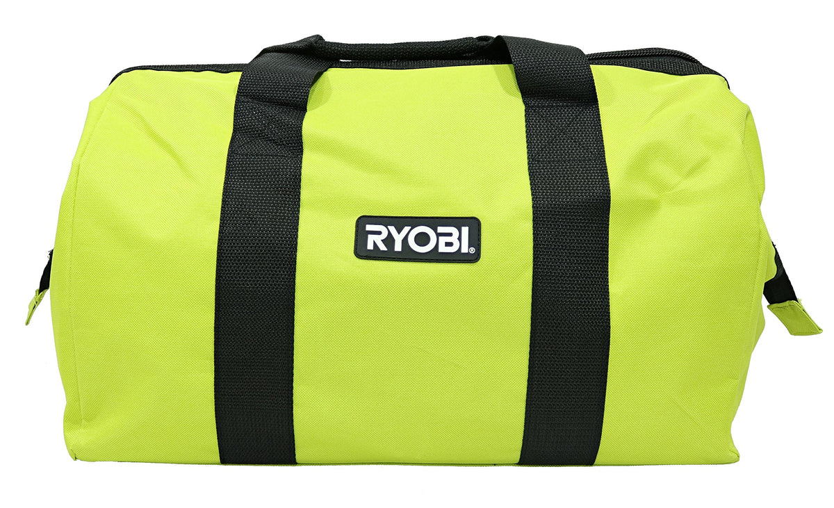 RYOBI green wide-mouth collapsible bag front view with dual handles for easy transport.