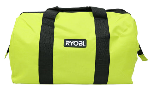RYOBI green wide-mouth collapsible bag front view with dual handles for easy transport.