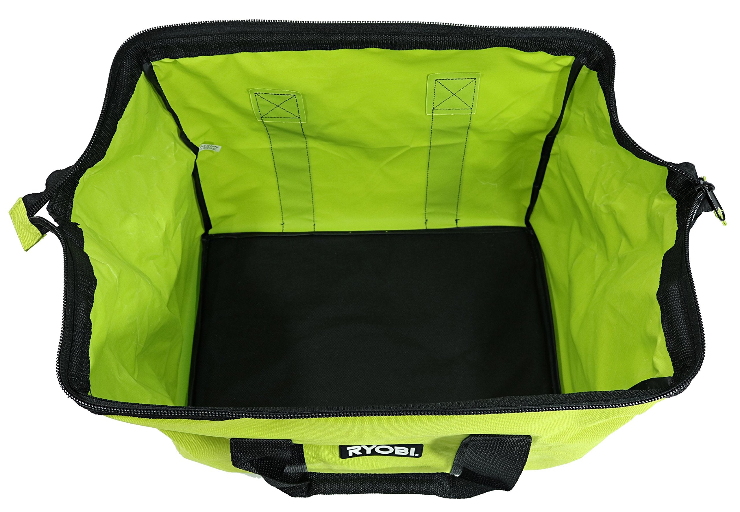 RYOBI green wide-mouth collapsible bag top zip view showing secure loading access.