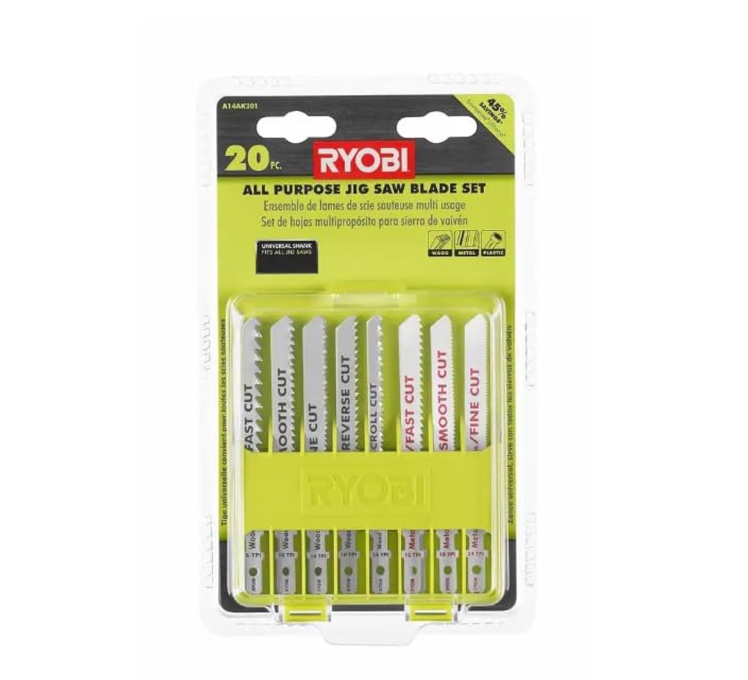 Ryobi A14AK201 all-purpose blade set with universal shank for easy jig saw swaps.