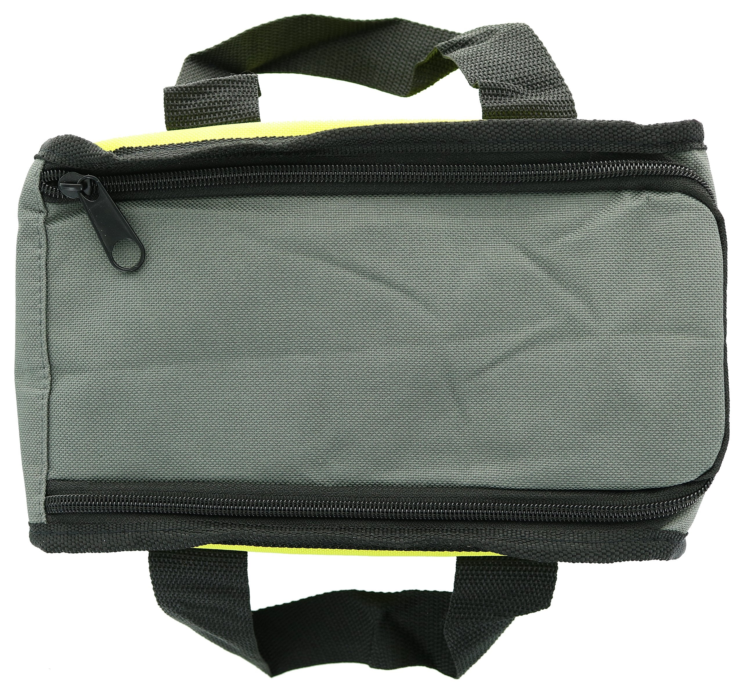 RYOBI lime green tool bag reinforced handles support comfortable carrying.
