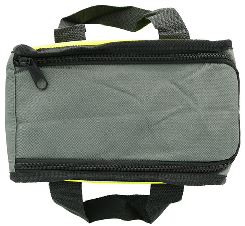 RYOBI lime green tool bag reinforced handles support comfortable carrying.