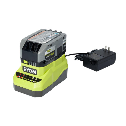 RYOBI PSK106SB 2Ah battery shown for quick swaps and lighter tasks.