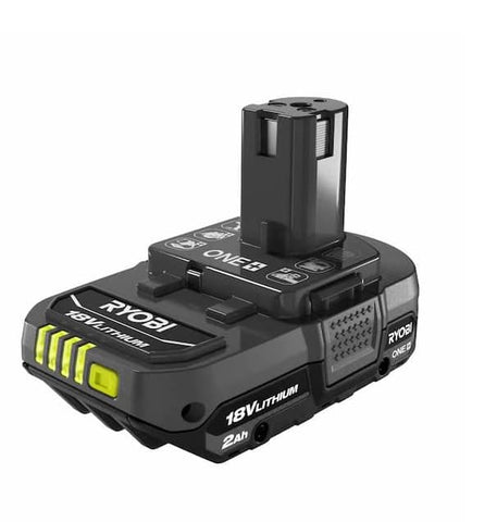 RYOBI ONE+ 18V 2Ah battery front view for lighter weight, easier handling.