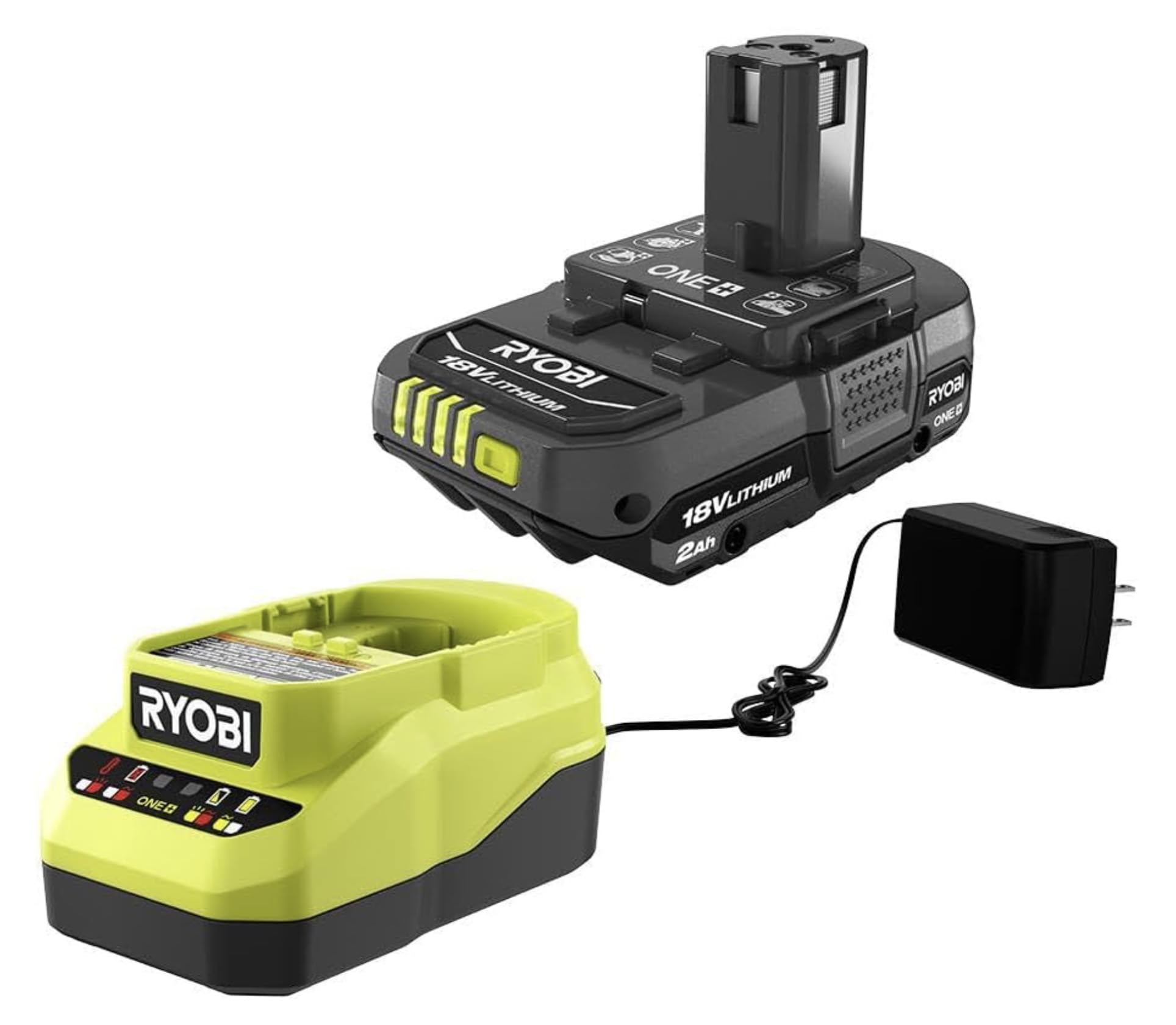 Ryobi One+ 18V 2Ah battery shown, compact design reduces fatigue and boosts runtime.