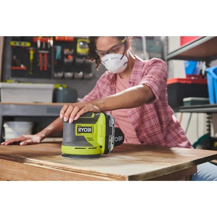 Ryobi One+ 18V 5-inch sander showing 10,000 OPM for fast smoothing.