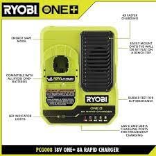 RYOBI ONE+ 18V 8A rapid charger wall-mount configuration demonstrates space-saving setup.