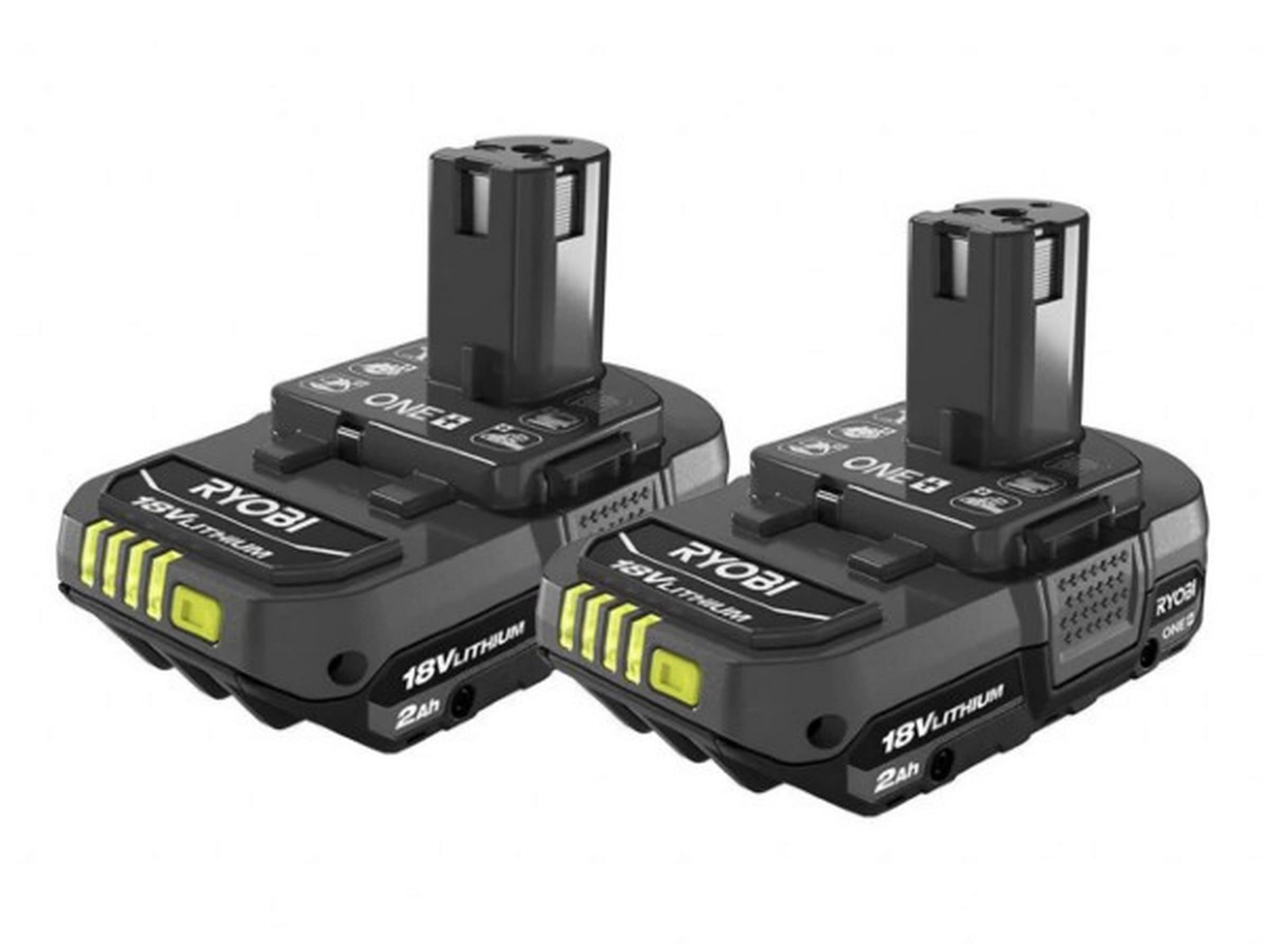 RYOBI ONE+ 18V high performance 2.0 Ah compact battery, two-pack, for extended runtime across tools.