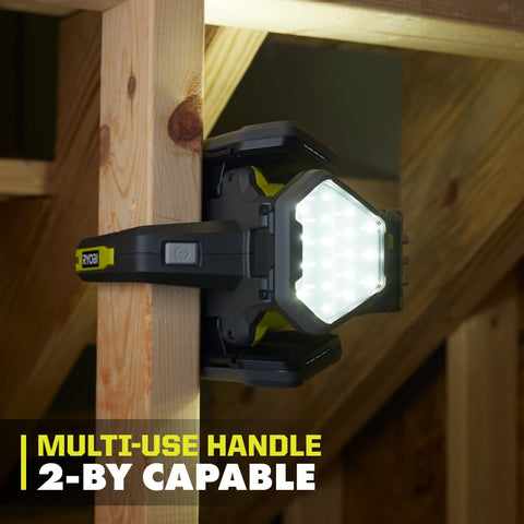 RYOBI ONE+ 360° light with single panel mode for focused illumination.