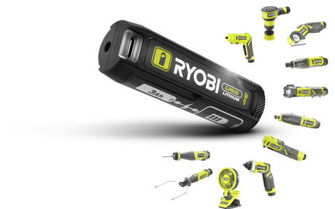 RYOBI ONE+ 4V starter kit image shows USB-C charging, ideal for quick home projects.