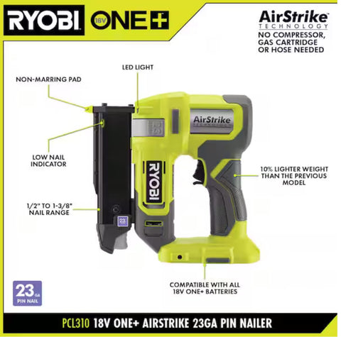 RYOBI ONE+ AirStrike pin nailer with LED light on for precise nailing in dim spaces