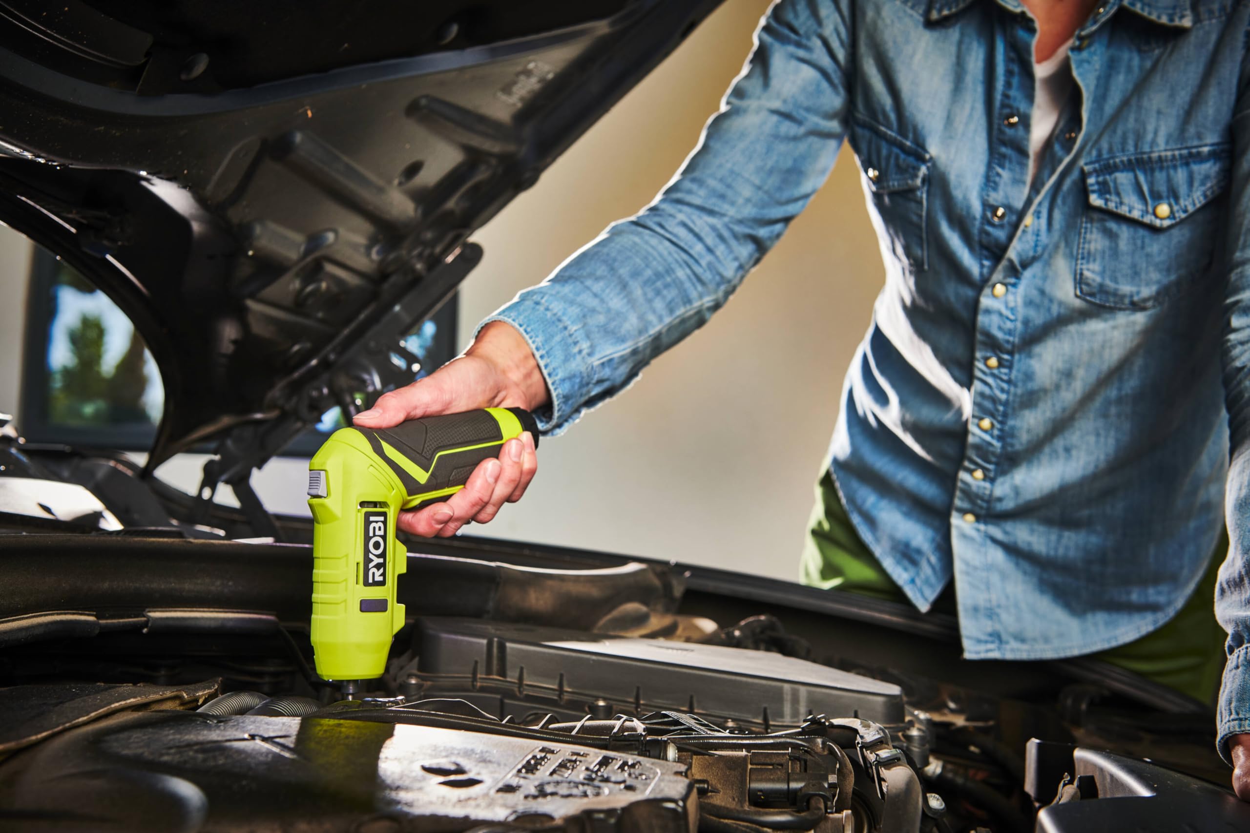 RYOBI ONE+ cordless screwdriver hex-bit change for quick task switching.