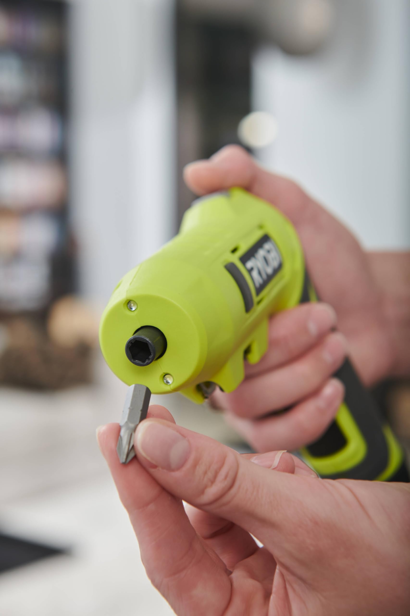 RYOBI ONE+ cordless screwdriver removable battery for easy charging elsewhere.