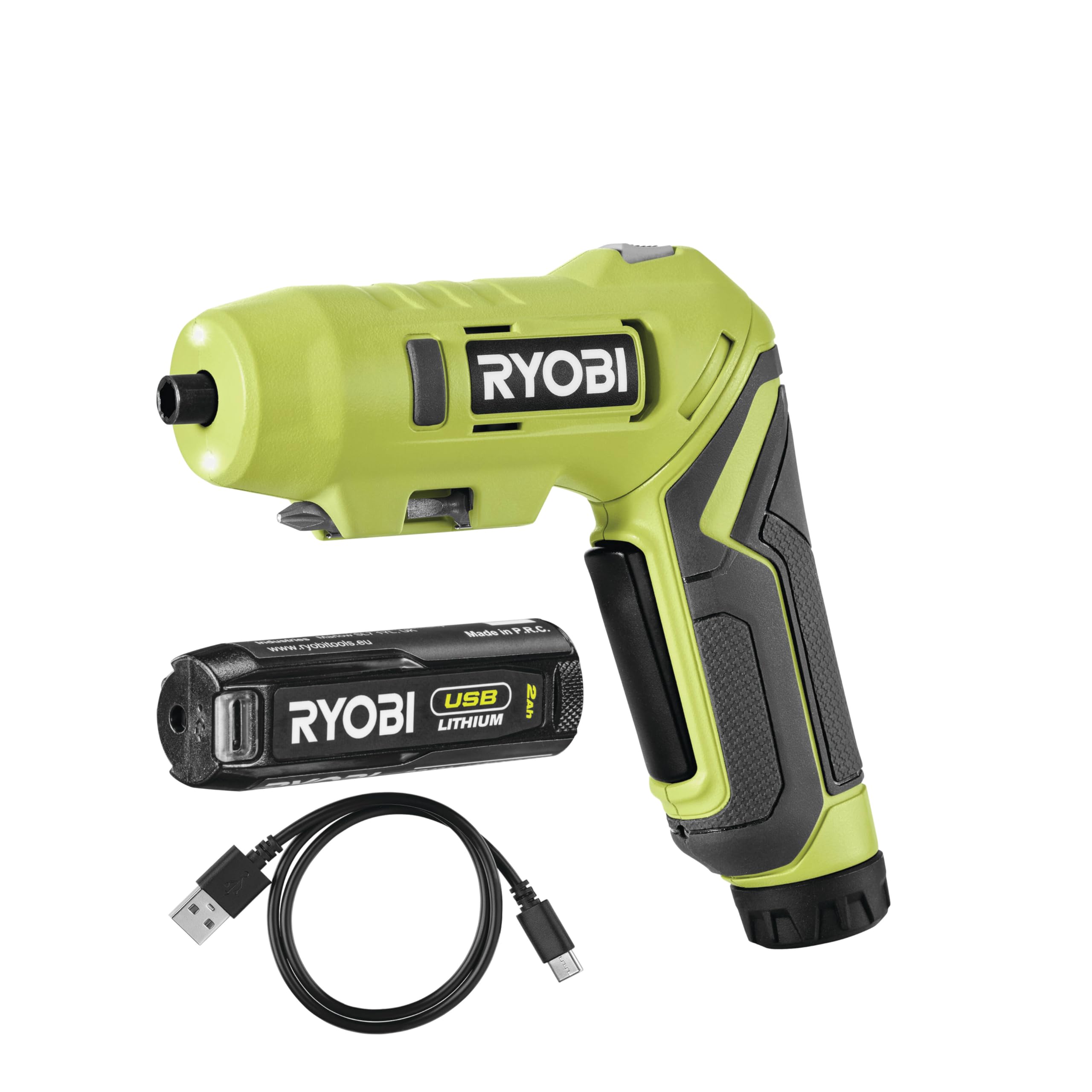 RYOBI ONE+ cordless screwdriver front view showing compact design with swivel handle for tight spaces.