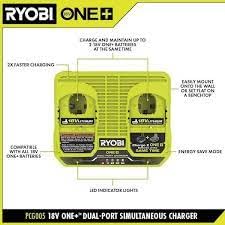 RYOBI ONE+ Dual-Port Charger LED indicators display battery status at a glance.